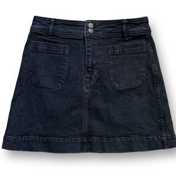 Madewell Stretch Denim A-Line Skirt Micro Mini Retro Style Black Patch Pockets - Picture 1 of 7